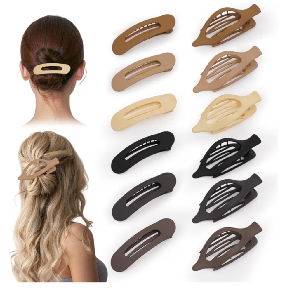 12 Pack Flat Hair Clips for Women, 2 Styles Black, Brown, Tan